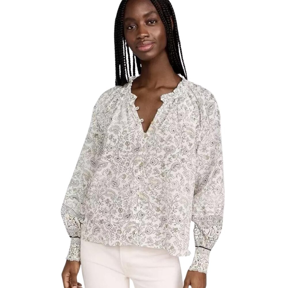 Cleobella White Paisley Peasant Blouse with Subtle Green Accents